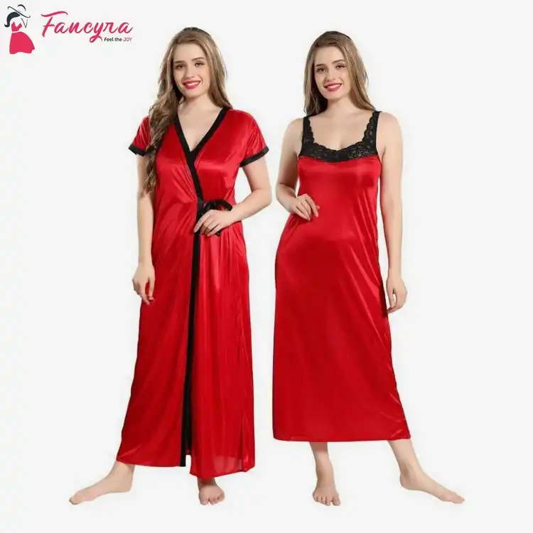 Women's Satin Solid Maxi Nighty With Rob...