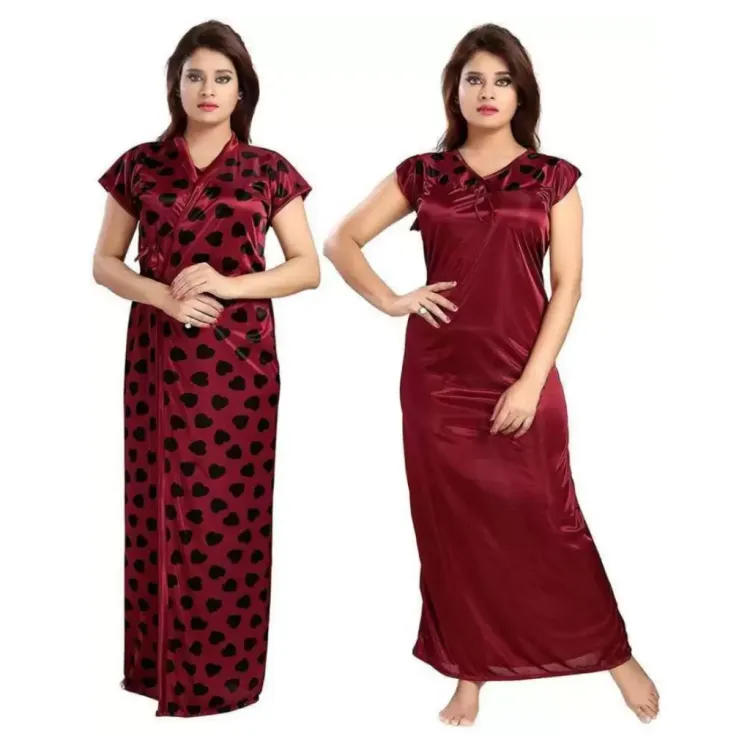 Maroon Long Silk Night Dress For Women -...