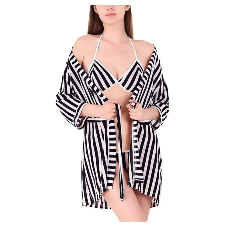 Women Stripe Satin Nightwear Robe Nightd...