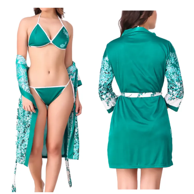 Women Floral Satin Nightwear Robe with B...
