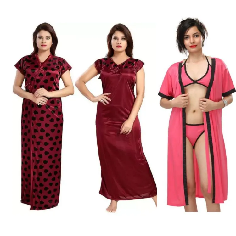 Combo Set of Women Long Silk Nightdress...