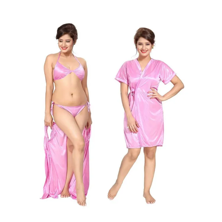 Pink Lingerie Set With Robe Combo For Wo...