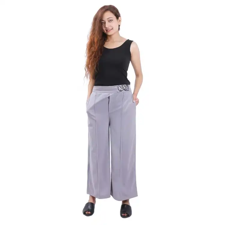 Grey Solid Wide Leg Belt Pant For Women