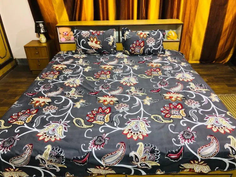 Grey Floral Printed King Size Bedsheet W...